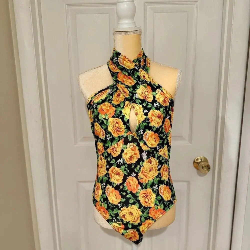 NWT Zara Twisted Halter Floral Black & Yellow Bodysuit - Picture 2 of 9